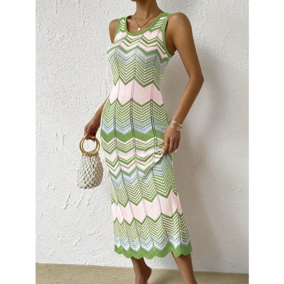 Boho Chevron Pattern Pointelle Knit Sweater Dress - Picture 5 of 6